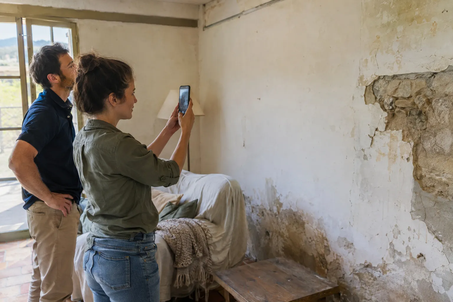 Un couple photographie ses pièces à rénover avec un téléphone pour demander un devis