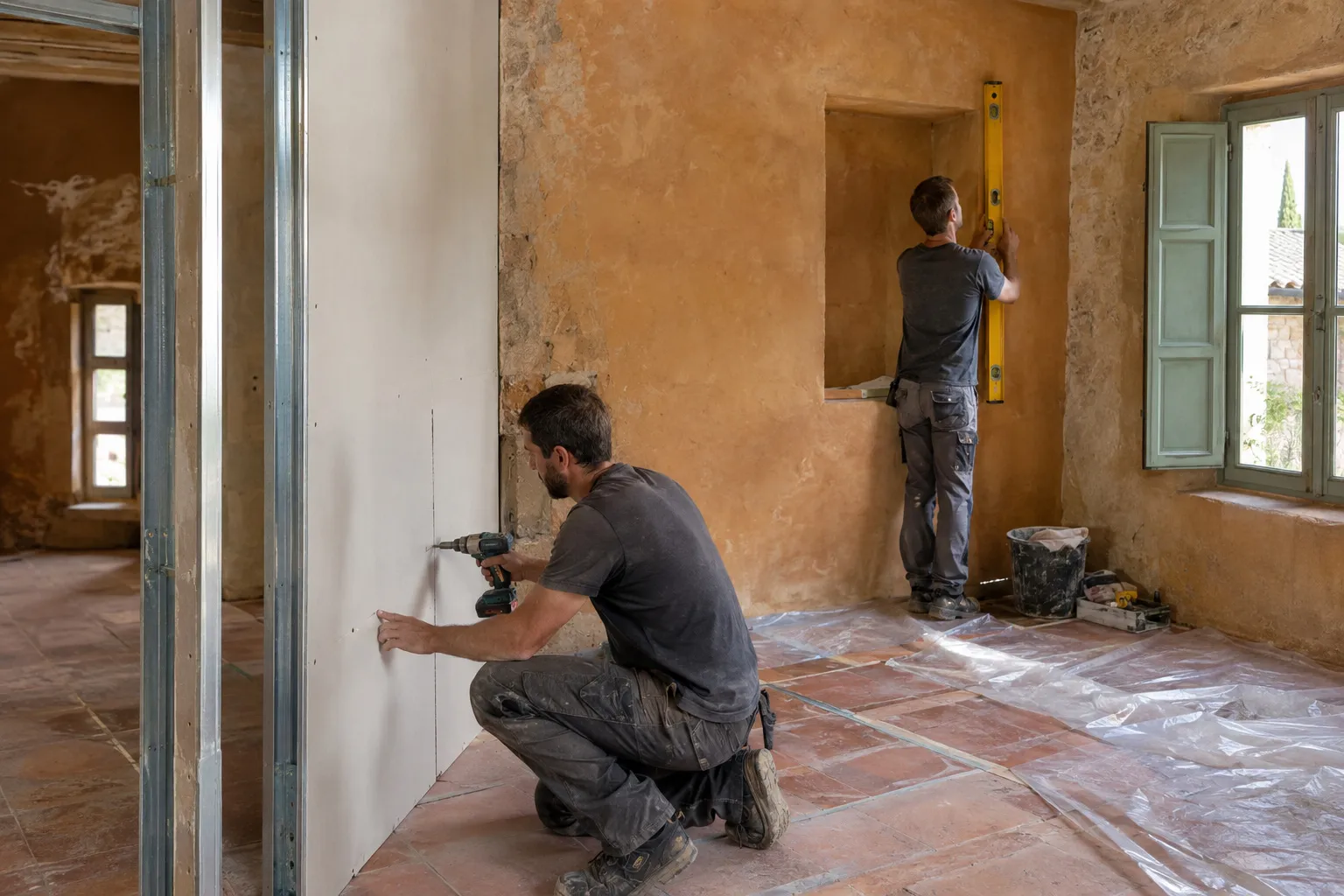 Nos artisans montent une cloison et contrôlent les aplombs dans une pièce en rénovation