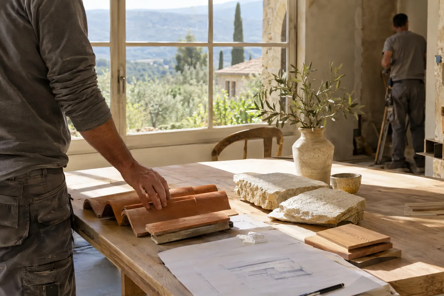 Échantillons de matériaux de rénovation provençale sur une table : enduit à la chaux, carreaux de sol, tuile canal et volet en bois