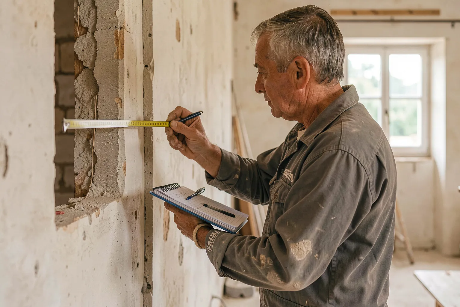 Artisan qui mesure un mur ouvert et prend des notes sur un carnet pour établir le devis