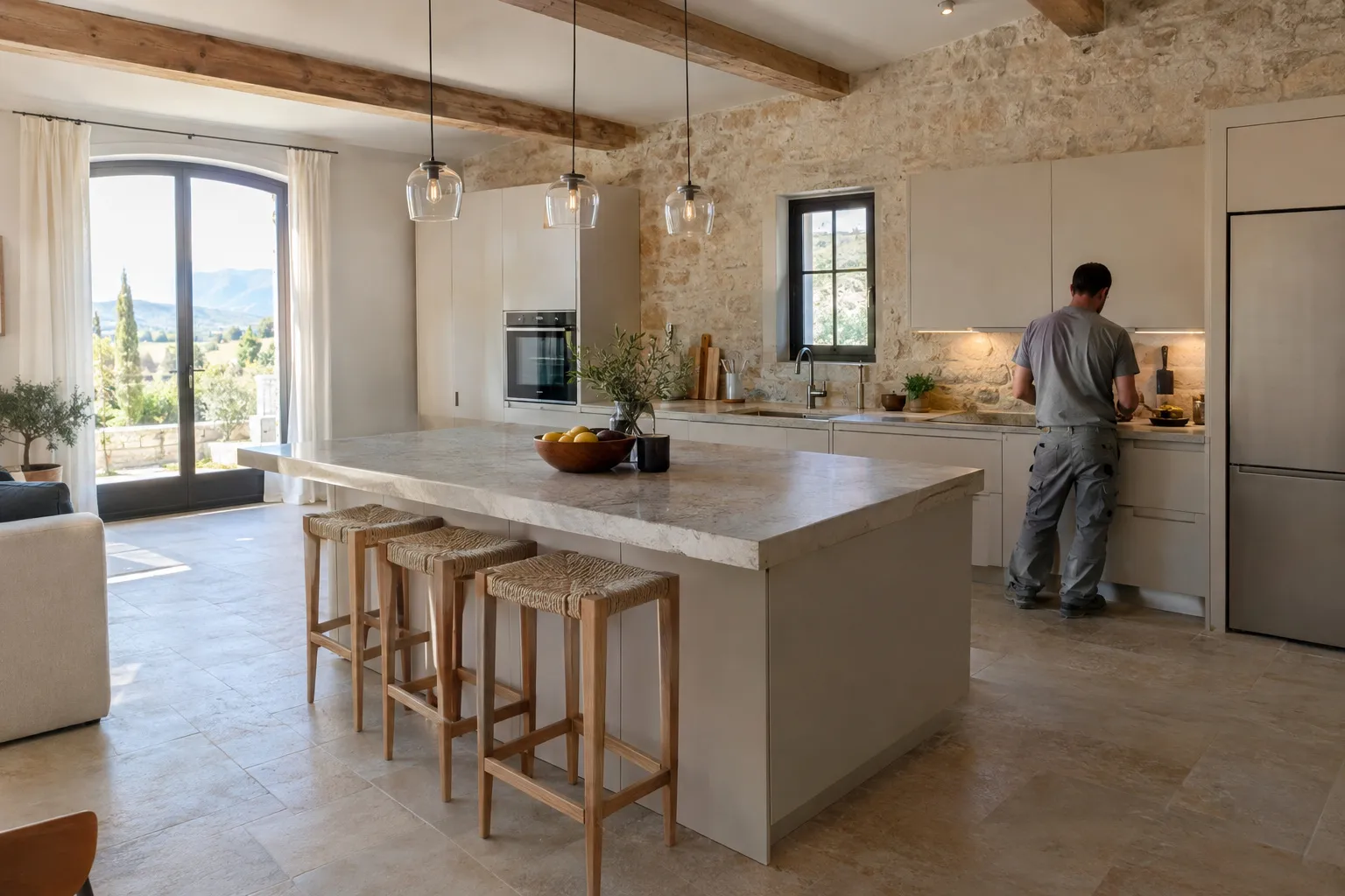 Cuisine ouverte d'appartement terminée, façades claires, plan de travail en pierre et sol carrelé