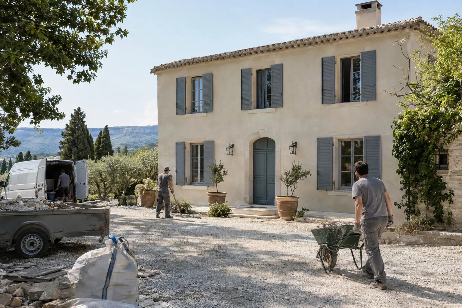 Façade de bastide provençale enduite à la chaux, volets bleu-gris, chantier en cours de nettoyage