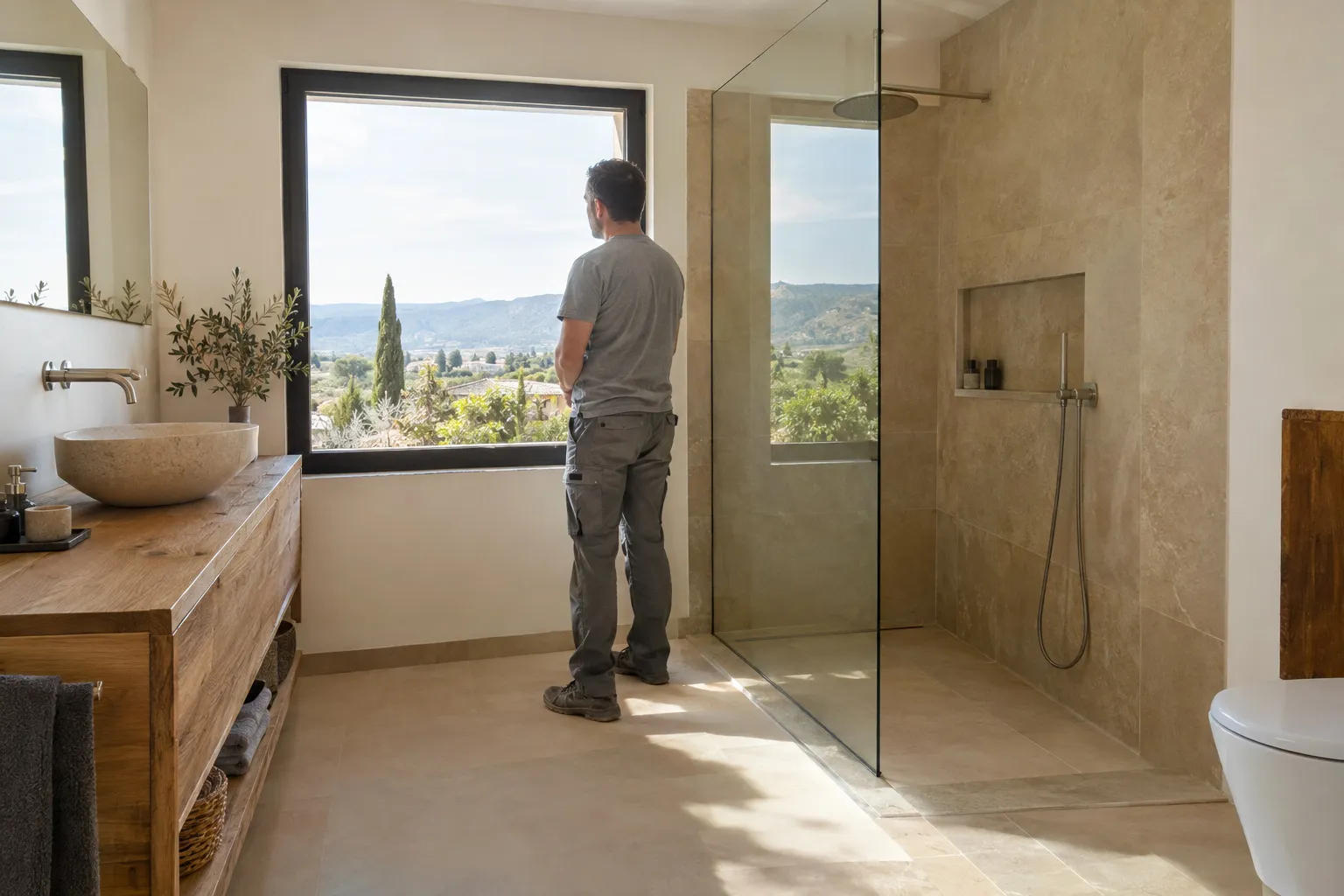 Salle de bain terminée avec douche italienne carrelée beige et grande fenêtre