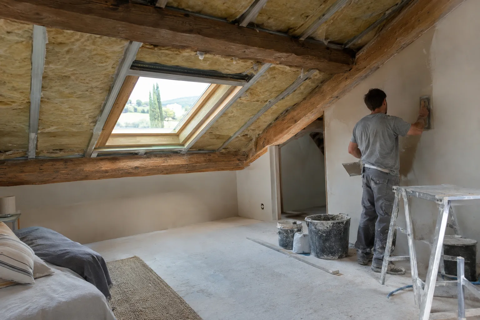Combles aménagés en chambre, poutres apparentes, isolation posée et plaquiste au travail