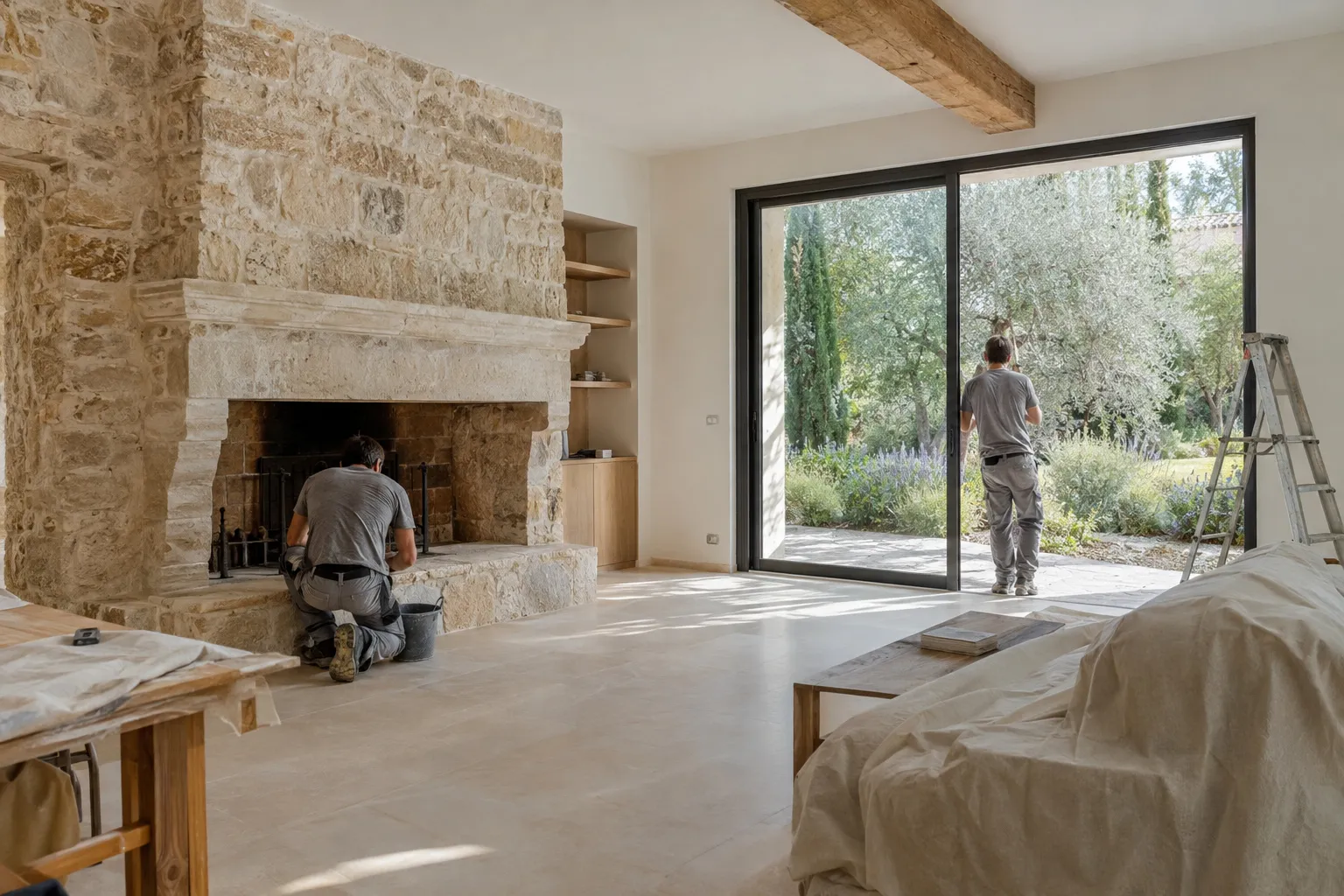 Séjour rénové au sol clair, cheminée en pierre restaurée et baie vitrée sur jardin méditerranéen