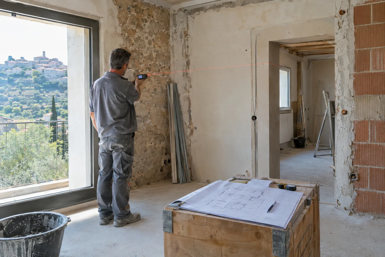 Table de projet avec devis annoté, échantillons de carrelage et de peinture et plan d'un logement d'Aubagne