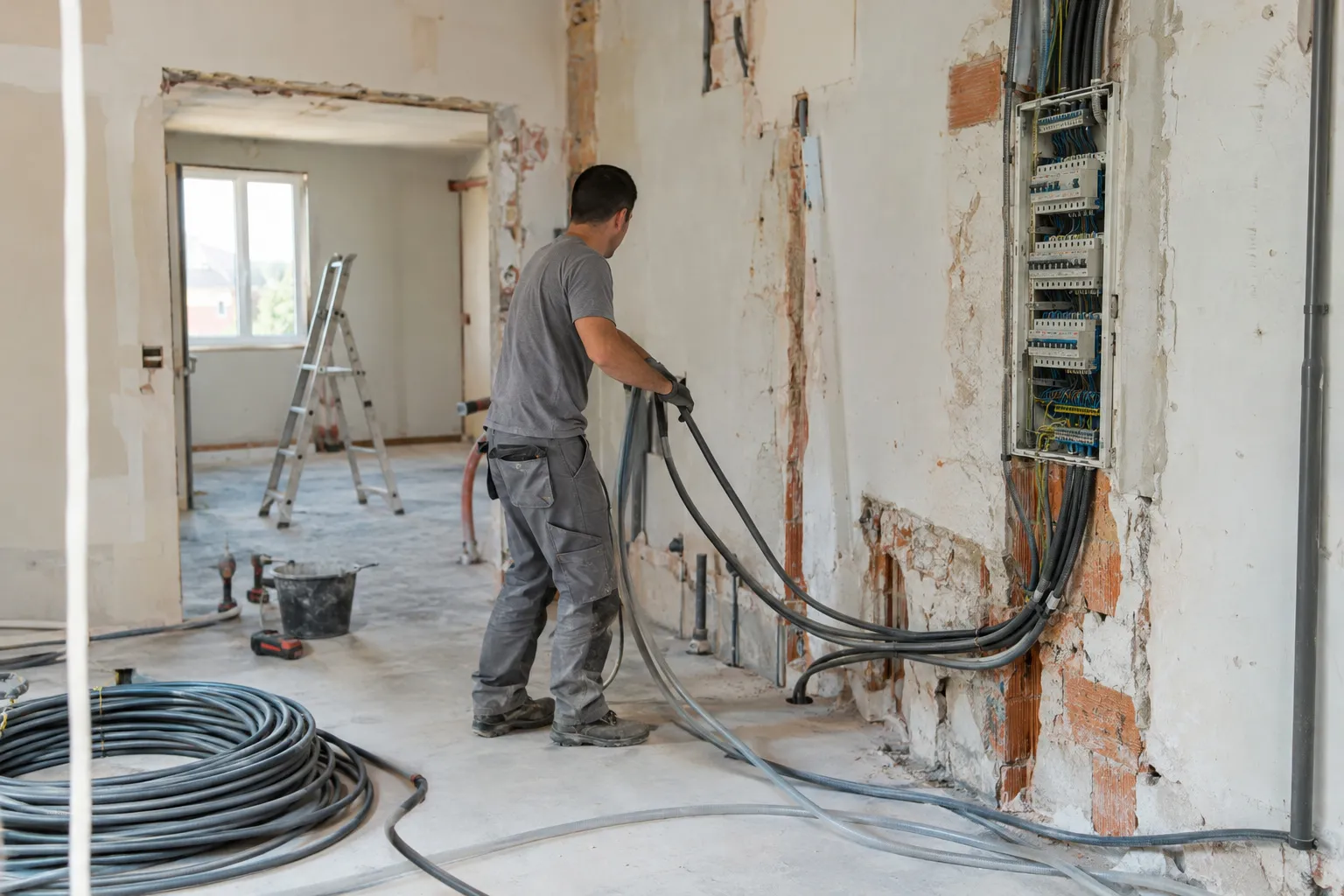 Séjour d'un appartement de La Penne-sur-Huveaune en rénovation, cloison de cuisine ouverte, sol neuf protégé par un carton et fenêtre sur la vallée