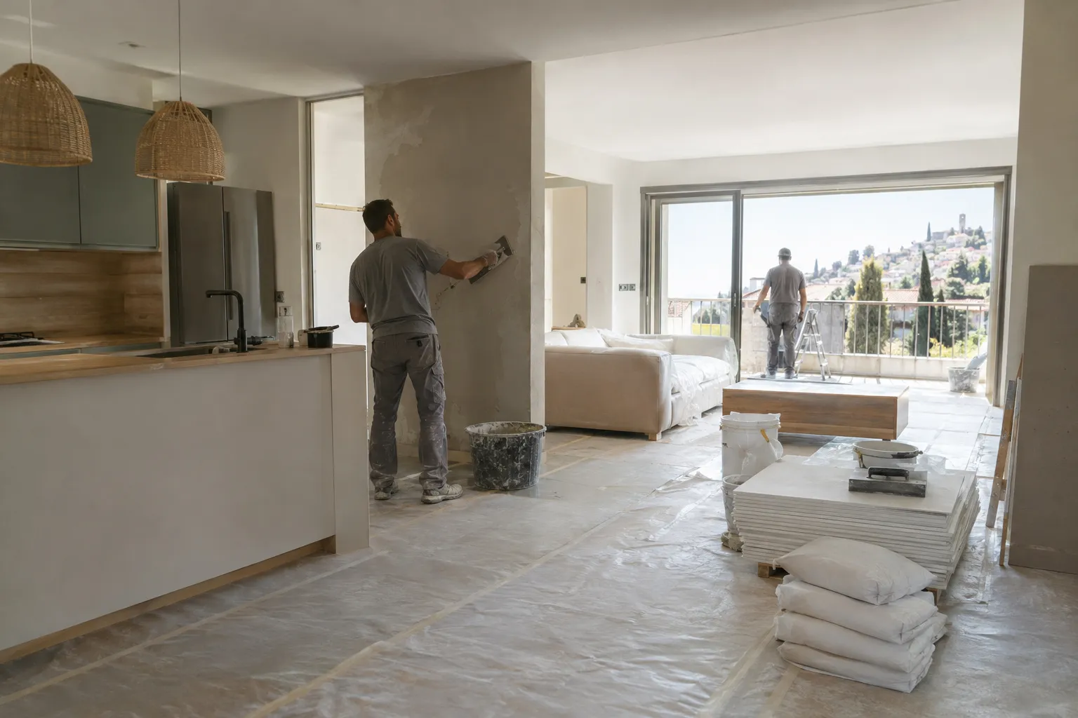 Appartement d'Aubagne en rénovation : cloison ouverte entre cuisine et séjour, sol protégé et plans de réagencement posés sur un tréteau