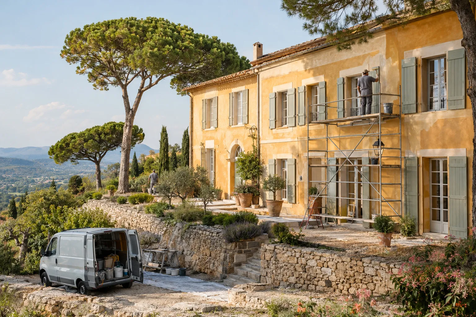 Bastide à la façade provençale, volets et toit de tuiles canal sur les coteaux d'Aubagne