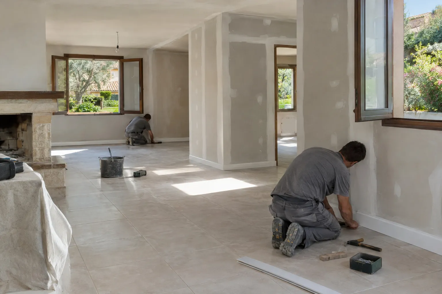 Maison pavillonnaire d'Aubagne en chantier : pièce de vie dépouillée jusqu'aux murs, gaines électriques neuves et cloison en cours de montage