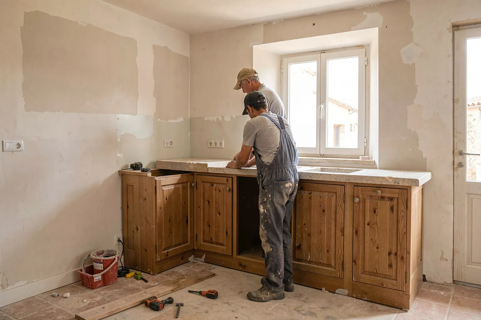 Cuisine en cours de pose dans un logement d'Aubagne : meubles en bois installés, plan de travail en pierre posé sous la fenêtre, murs en cours de reprise