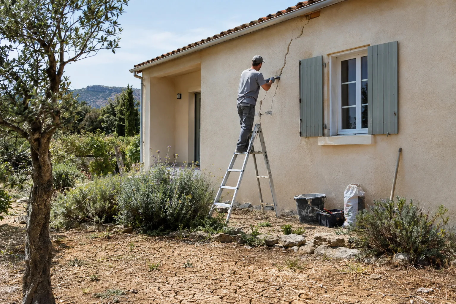 Fissure en escalier sur la façade enduite d'une maison à Aubagne, avant reprise