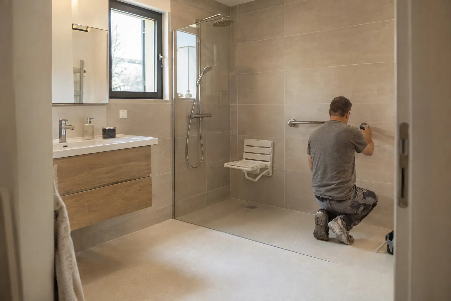 Salle de bain adaptée à un senior à Aubagne : douche de plain-pied carrelée, siège rabattable, barre d'appui et sol antidérapant
