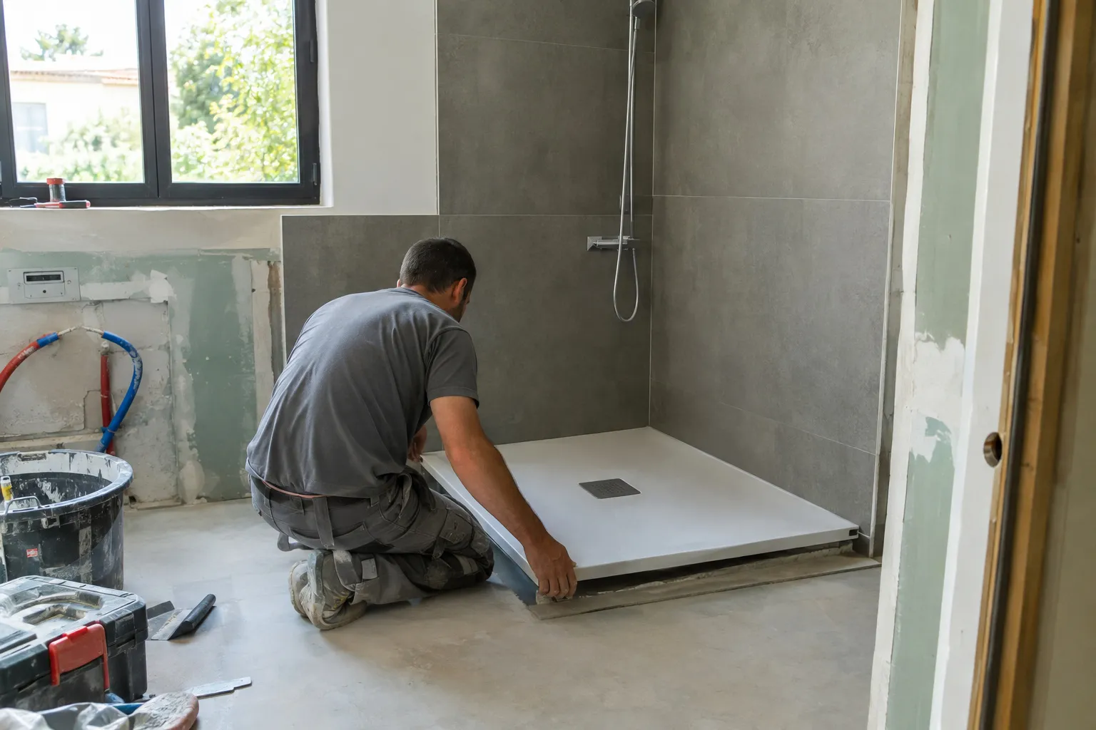 Salle de bain d'une maison de plain-pied à Aubagne aménagée pour un senior : douche italienne, siège et barre d'appui murale