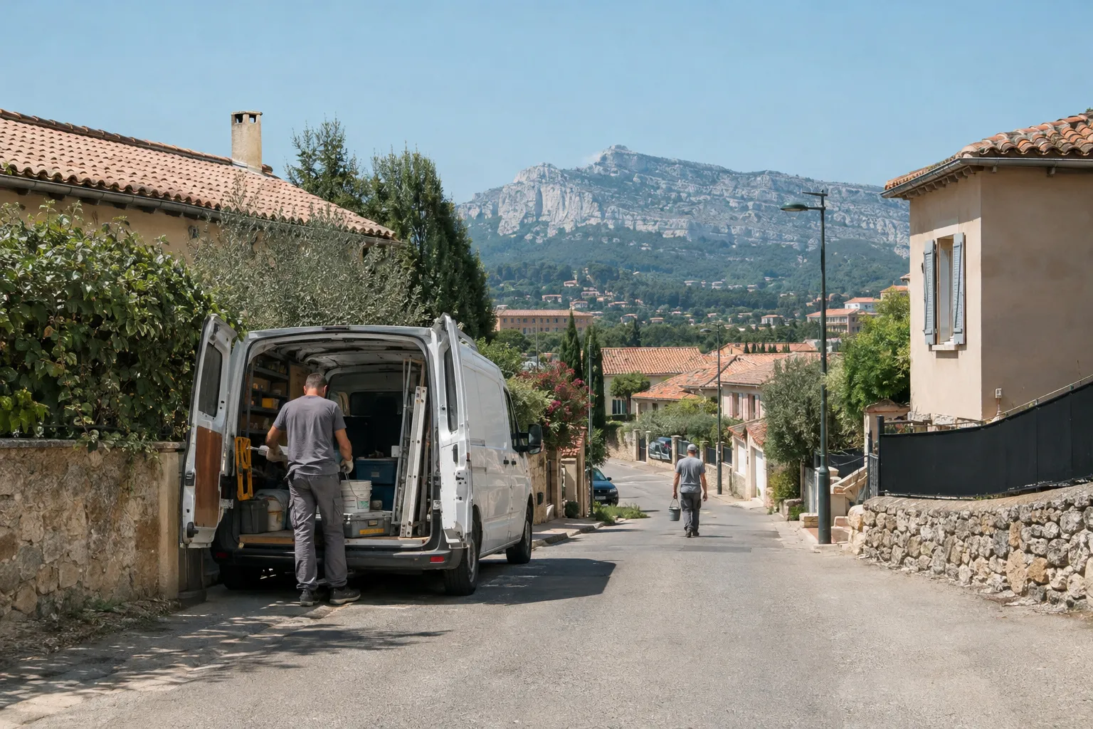 Rue ancienne du centre d'Aubagne avec façades à enduit clair, volets en bois et un chantier de rénovation en cours au rez-de-chaussée
